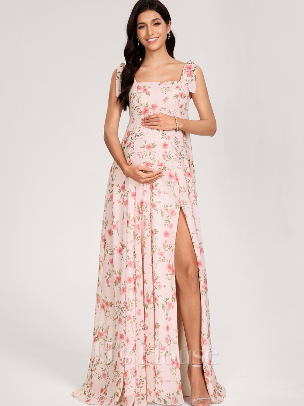 JJs House Pink Floral Maxi Maternity Dress with Tie Straps